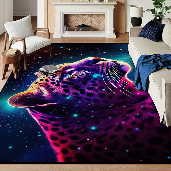5' X 7' Galaxy Leopard Rug Fierce Panther Head Area Rugs for Boys Kids Bedroom Living Room Gameroom Girls Glitter Carpet Floor Mat Throw Rugs