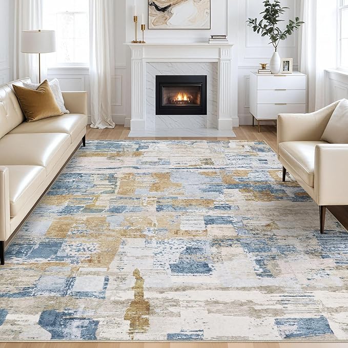 Abstract Living Room Rug 9x12 - Modern Washable Soft Thin Area Rug for Living Room Bedroom Under Dining Table - Neutral Indoor Floor Rug Carpets for Home Office Playroom Nursery - Blue Gold