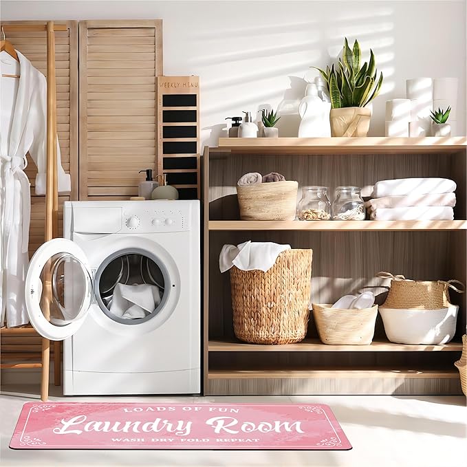 Laundry Room Rug Non Slip Floor mats Farmhouse Large Laundry Rugs for Pink Laundry Runner Room Mat Washer and Dryer Carpet Laundry Room Decor 20x47inch(Pink)