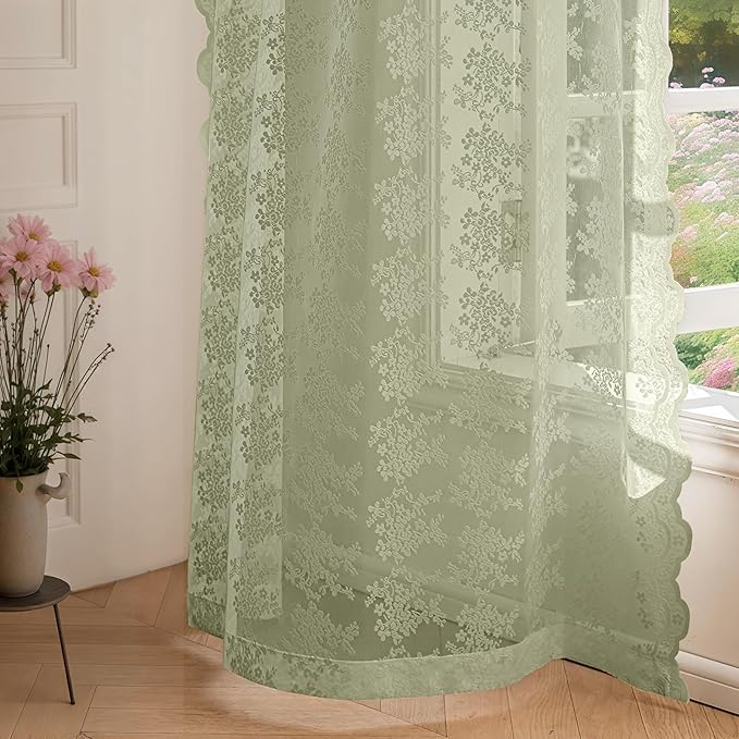 Anmao Vintage Lace Curtains 72 Inches Long 2 Panels Set, Romantic Elegant Light Filtering Semi Sheer Floral Thick Lacy Curtain Drapes for Living Room and Bedroom, Each Panel 55W x 72L, Dry Grass Green