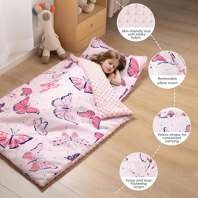 david's kids Minky Toddler Nap Mat with Pillow and Minky Fleece Blanket, Ultra Soft Slumber Bags for Girls, Perfect for Preschool, Daycare, Kids Sleeping Bags with Rollup Design, 50"x20", Butterfly