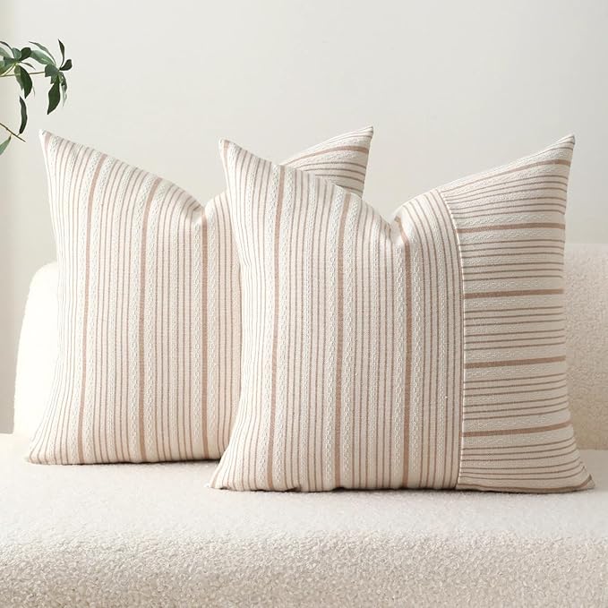 DWR Striped 3D Textured Weave Throw Pillow Covers 18x18 Set of 2, Polyester Cotton Blend in Khaki, Modern Farmhouse Decorative Pillow Cases for Couch Sofa Bed Living Room