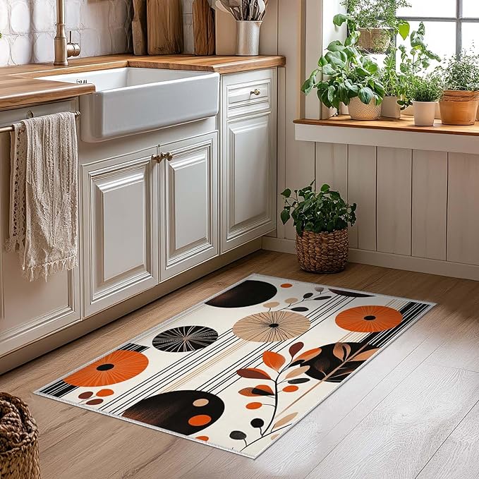 2x3 Entryway Area Rug Orange Black White Bathroom Rug Non Slip Machine Washable Low Pile Small Carpet Kitchen Bedroom Door Mat Entrance