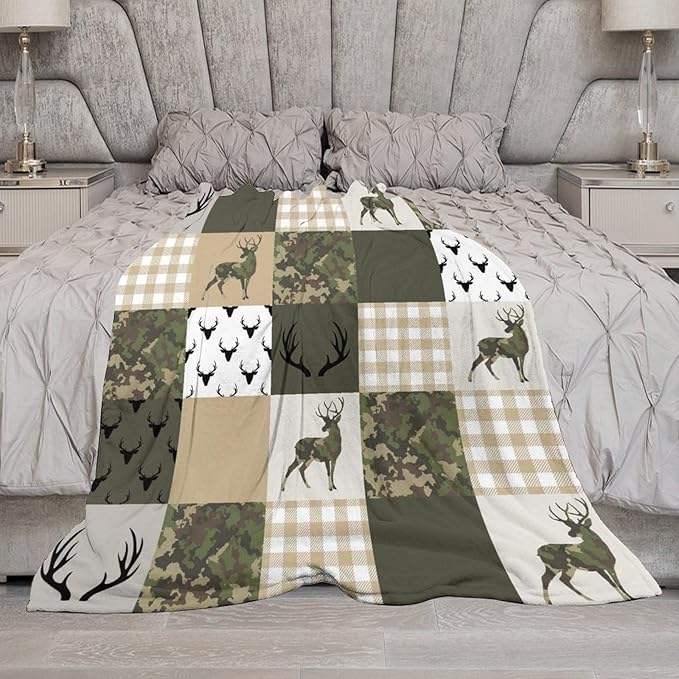 Camouflage Deer Blanket, Vintage Camo Green Beige Plaid Rustic Cabin Wildlife Hunting Blankets for Mens Room Bed Sofa, 50"x60"