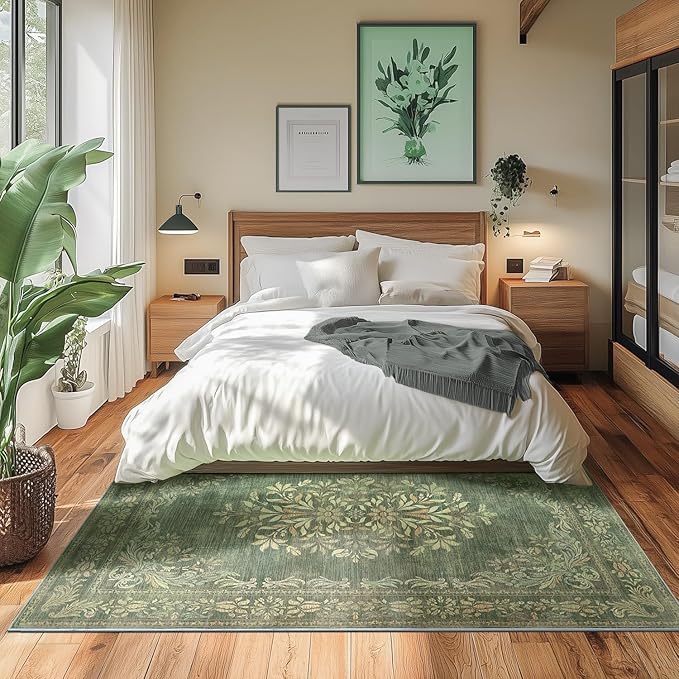 jinchan Green Floral 5x7 Area Rugs for Living Room - Machine Washable Distressed Vintage Design Soft Low-Pile Non-Slip Christmas Carpet for Dining Room Bedroom Home Office Nursery (5x7ft, Dark Green)