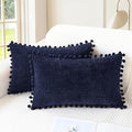 CaliTime Throw Pillow Covers Decorative 20 X 12 Inches Pack of 2 Cozy Solid Dyed Soft Chenille Cushion Cases with Pom Poms for Couch Sofa Bed Living Room Home Navy Blue