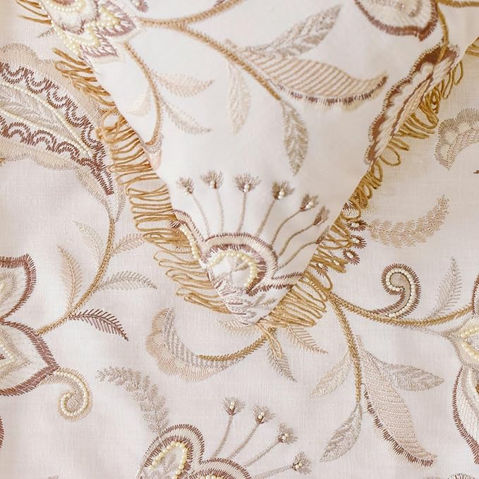 The HomeCentric King/Queen/Twin Beige Decorative Bed Runner Queen 74"x18" Bed Runner with Two Pillow Cover, Floral, Pearl, Jute Lace, Embroidery Bed Scarf on Cotton Fabric - Floral Luster