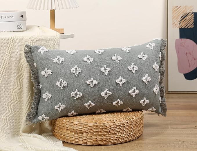 Boho Long Lumbar Pillow Cover 16x24 with Tassel,3D Flower Patterned Cotton Decorative Long Lumbar Pillow Cover Pillow Case for Sofa Couch Bed Livingroom Farmhouse,Blue Grey