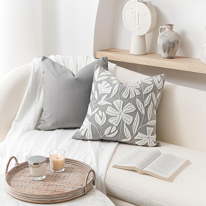 BlissBlush Grey Velvet Floral Decorative Throw Pillow Cover 20X20, Light Gray Floral Tufted Soft Farmhouse Textured Pillowcase, Accent Pillowcase for Couch Sofa Bed Living Room