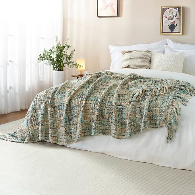 Multi-Color Blue Grey Cable Knitted Throw Blanket for Couch,60"X80" Boho Style Textured Blankets for Home Decor,Super Soft Warm Cozy Chunky Knit Blanket with Decorative Tassels for Bed