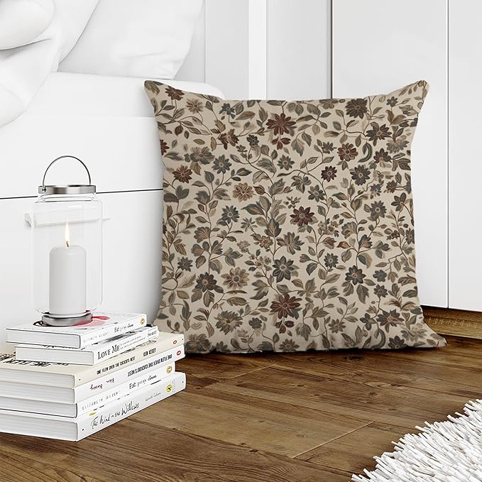 William Morris Abstract Vintage Floral Velvet Butterfly Design Throw Pillow Covers Home Decor, Retro Art Deco Pillowcase Cushion Cover for Bed Sofa Living Room, Square 18x18inch (Beige-Floral)