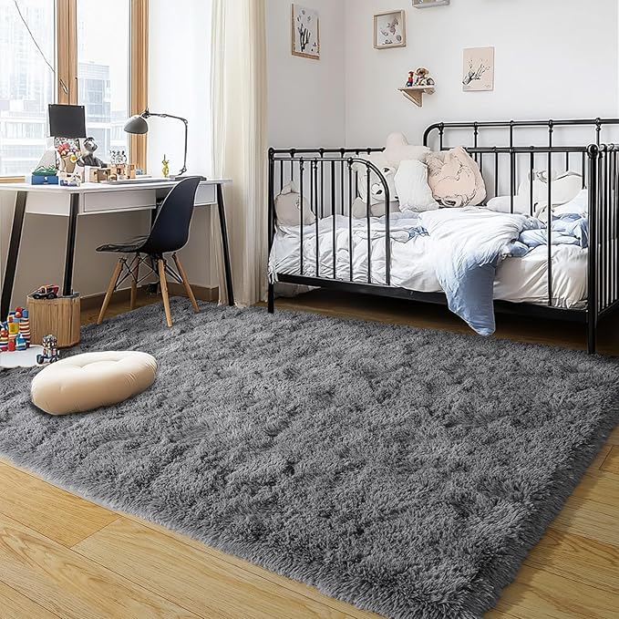 Dark Gray Fluffy Rug Plush Carpet for Bedroom Dorm, Non-Slip High Pile Rug, Shag Rug for Playroom Nursery Home Office Decor 6X9 Ft
