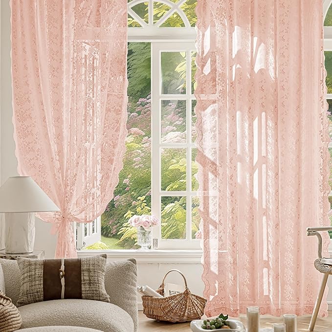 Anmao Vintage Lace Curtains 84 Inches Long 2 Panels Set, Romantic Elegant Light Filtering Semi Sheer Floral Thick Lacy Curtain Drapes for Living Room and Bedroom, Each Panel 55W x 84L, Blush Pink