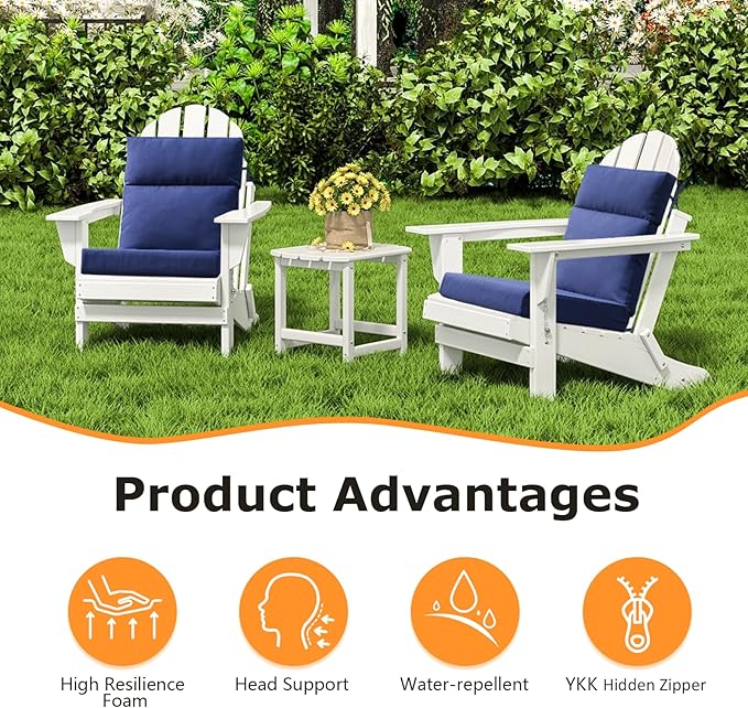 Outdoor High Back Chair Cushion Seat Pads, 44 x 21 Inch Water-Repellent & Fade-Resistant Patio Furniture Cushions with Ties for Adirondack, Rocking Chairs, Navy