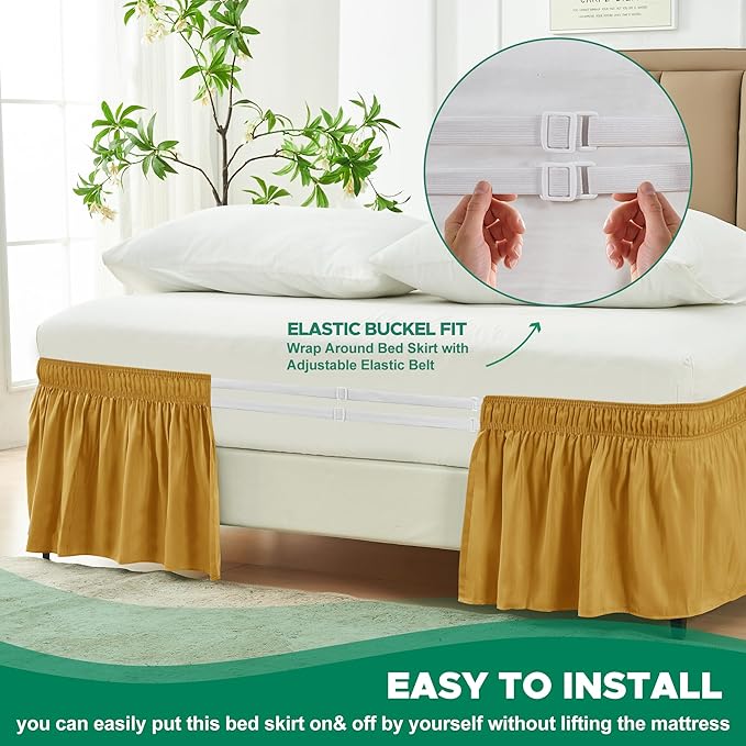Biscaynebay Wrap Around Bed Skirts for King & Cal King Beds 18" Drop, Christmas Gold Adjustable Elastic Dust Ruffles Easy Fit Wrinkle Resistant Silky Luxurious Fabric Machine Washable