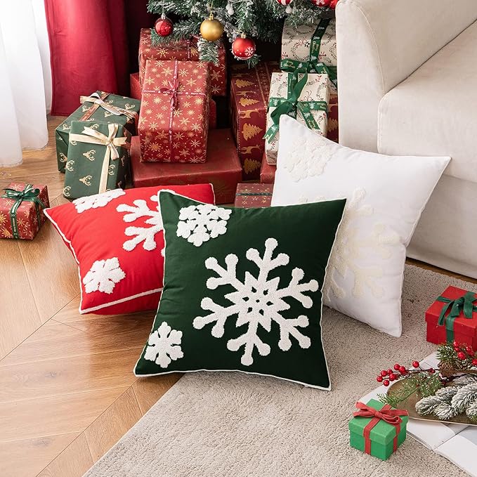 MIULEE Pack of 2 Christmas Decorative Snowflake Throw Pillow Covers Canvas Embroidery Winter Cushion Cases Holiday Decor Soft Pillowcases for Winter Couch Sofa Bedroom Car（Dark Green, 16x16in）