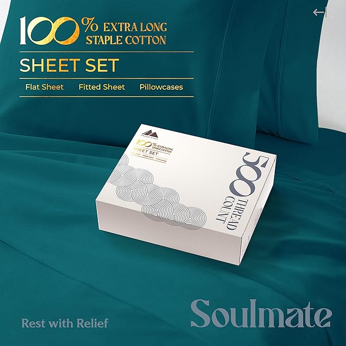 Mayfair Linen 100% Cotton Bed Sheets Queen Set - 500 Thread Count Cotton Sheets for Queen Size Bed, 4 PC Set (Teal), Ultra Soft, Cooling, Sateen Weave 16" Deep Pocket Bedsheet for Hot Sleepers