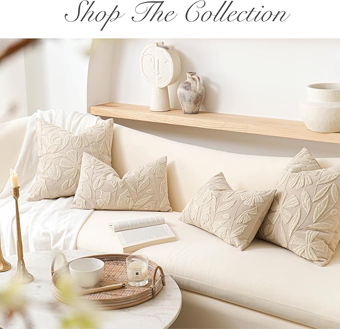 BlissBlush Light Beige Soft Velvet Decorative Accent Lumbar Throw Pillow Cover 12X20, Neutral Floral Tufted Soft Farmhouse Textured Pillowcase, Accent Pillowcase for Couch Sofa Bed Living Room