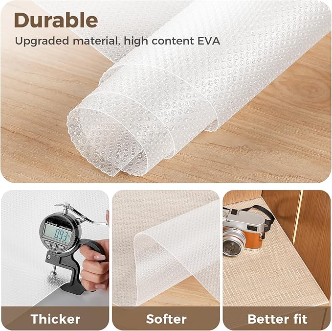 100% EVA Shelf Liner for Kitchen Cabinet, 20" x 120" Drawer Liners Non Adhesive Non Slip Waterproof Plastic Paper, Dresser Pantry Bathroom Refrigerator Protector, Clear