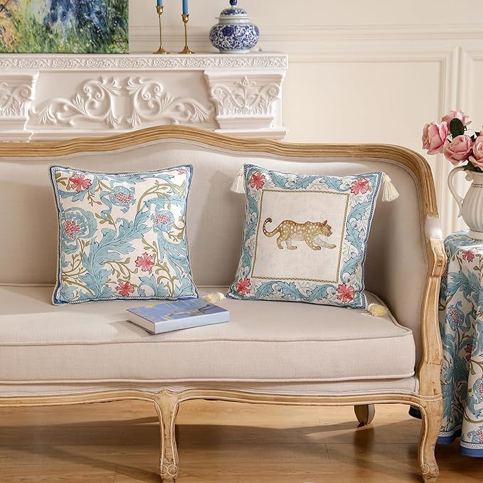 patdrea Designer Throw Pillow Covers for Couch 18"x18",Vintage Luxury French Linen Pillows Cover with Blue Floral Pattern,Farmhouse Decorative Square Pillowcases for Bed,Living Room,Outdoor,car