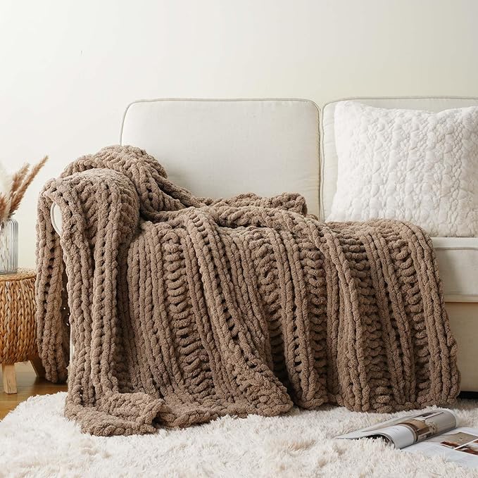 Battilo Beige Chunky Knit Throw Blanket for Couch, Super Soft Thick Warm Cable Knitted Blanket, Khaki Chenille Throw Taupe Blankets for Bed,Sofa, Living Room, 50"x60"