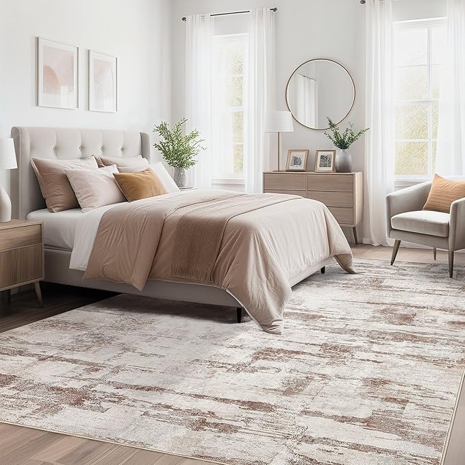Abstract Living Room Rug 9x12 - Modern Washable Soft Thin Area Rug for Living Room Bedroom Under Dining Table - Neutral Indoor Floor Rug Carpets for Home Office Playroom Nursery - Light Brown