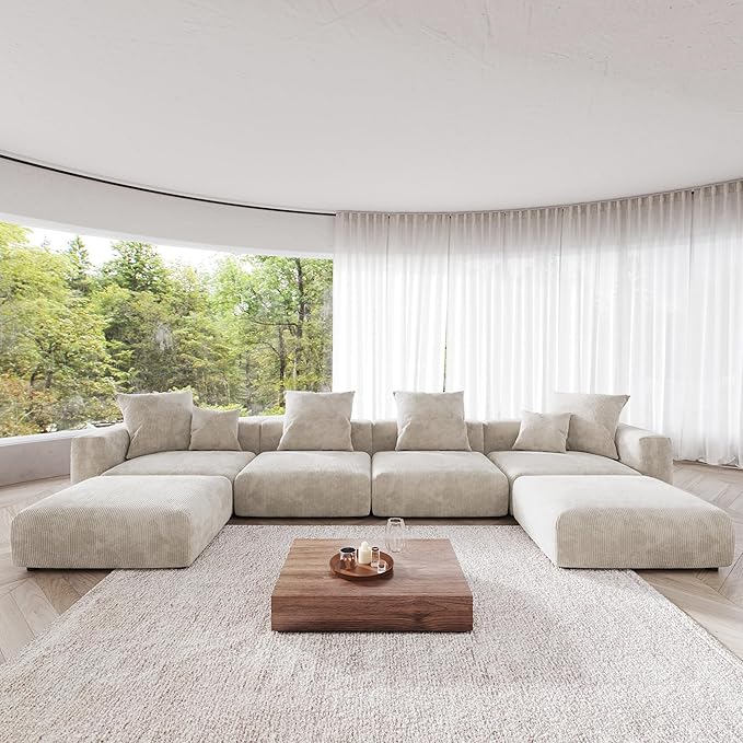 JACH 181" Oversized Modular Sectional Sofa, U-Shaped Deep 4-Seats Sectional Couch with Chaise Ottomans, Huge Plus Convertible Soft Sofas, Corduroy Minimalist Couches for Living Room, Apartment, Beige