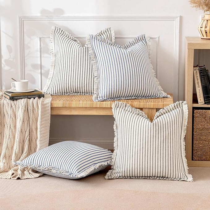 MIULEE Pack of 2 Gray Pillow Covers 24x24 Inch Striped Farmhouse Couch Throw Pillow Covers with Fringe Chic Linen Decorative Cushion Eruo Sham for Sofa Living Room Bed Outdoor Home Decor