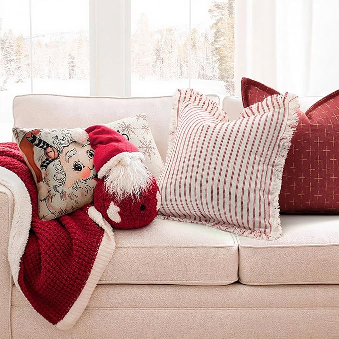 ZWJD Throw Pillow Covers 12x20 Set of 2 Striped Pillow Covers with Fringe Chic Cotton Decorative Pillows Square Cushion Covers for Sofa Couch Bed Living Room Farmhouse Decor
