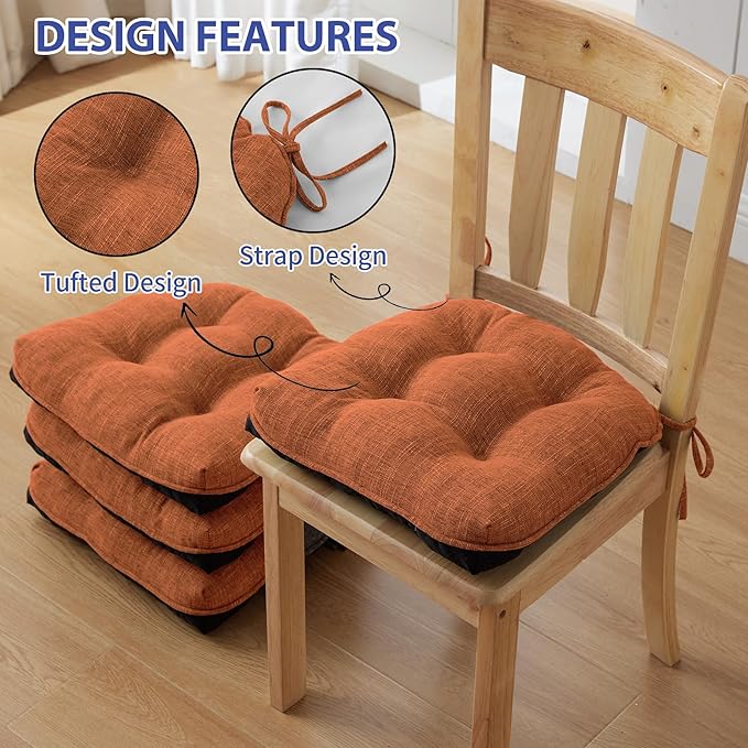 Chair Cushions for Dining Chairs Set of 6, Kitchen Chair Cushions, Chair Pads with Ties and Non Slip Backing, Tufted Memory Foam Seat Cushion 6 Pack, 15.5" x 15.5" x 4", Rust