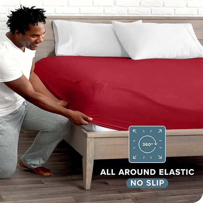 Bare Home Fitted Bottom Sheet King Size - Premium 1800 Microfiber - Ultra-Soft Hotel Luxury - Deep Pocket - Durable and Long Lasting (King, Red)