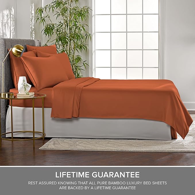 Pure Bamboo Split King Sheets, Genuine 100% Organic Viscose Derived from Bamboo Bed Sheet Set, Soft & Cooling, Double Stitching, 2 Fitted Sheets (Split King, Terracotta)
