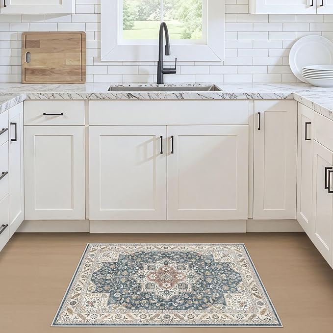 Vintage Entryway Area Rug 2x3 - Large Soft Washable Oriental Traditional Distressed Farmhouse Rugs for Bedroom - Indoor Floor Accent Carpet for Home Office House Decor - Blue