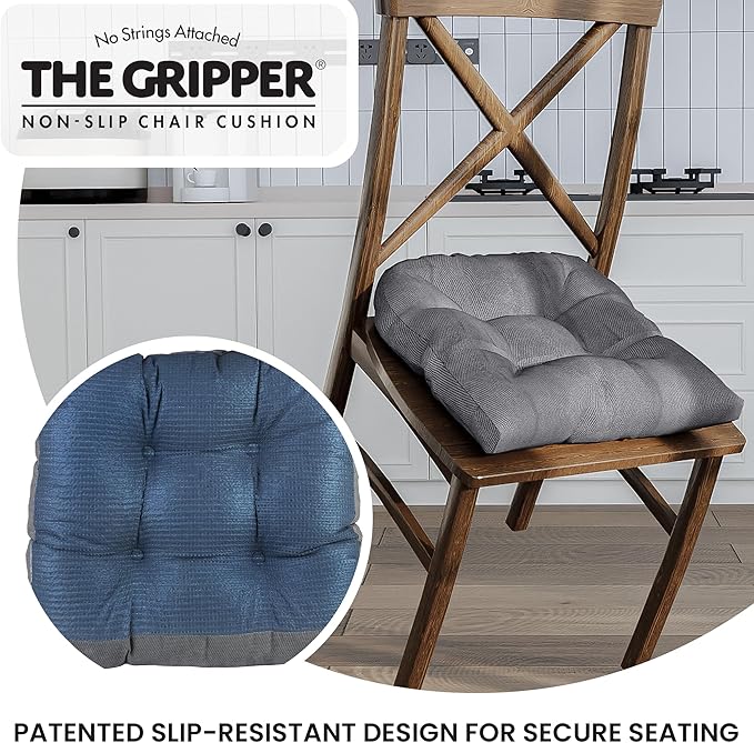 Klear Vu Gripper Overstuffed Universal Non-Slip Dining Chair Cushions for Kitchen Decor or Office Use, U-Shaped Skid-Proof Seat Pad, 17x17 Inches, 2 Count (Pack of 1), Linear Bluestone