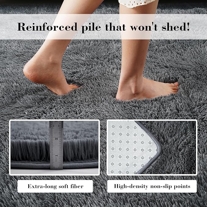 Soft Runner Rugs for Bedroom, Dark Grey 3x7 Area Rugs Fluffy Rug Shaggy Area Rug Carpet, Bedside Rug for Living Room Bedroom Kids Room Home Decor