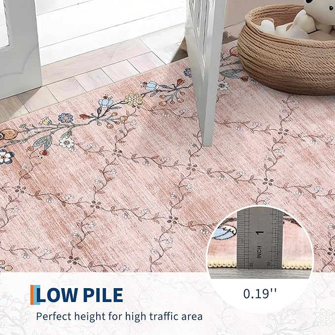GarveeHome 4x6 Washable Floral Area Rugs for Living Room: Modern Floral Non Slip Large Area Rugs for Bedroom, Large Machine Washable Living Room Low Pile Carpet with Non-Slip Backing Pink 4 ft x6 ft.
