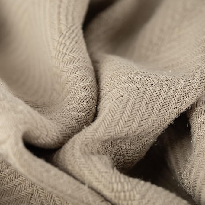Sticky Toffee Cotton Throw Blanket, 60 x 50 Inch, Tan Beige Herringbone Weave, Soft Lightweight Woven Blanket for Couch, Boho Farmhouse Style