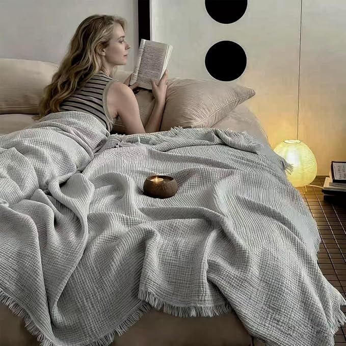 MorroMorn 100% Cotton Queen Size Bed Blanket 80"x90" Muslin Blanket with Fringes, 4-Layer Gauze Blankets for Adult, Boho Bedding Breathable Lightweight Ultra-Soft for All Seasons, Grey