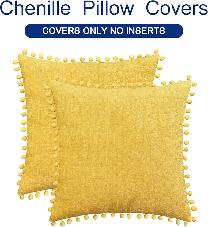 CaliTime Throw Pillow Covers Decorative 18 X 18 Inches Pack of 2 Cozy Solid Dyed Soft Chenille Cushion Cases with Pom Poms for Couch Sofa Bed Living Room Home Mustard Yellow