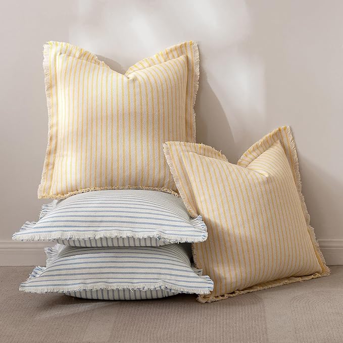 MIULEE Pack of 2 Yellow Pillow Covers 24x24 Inch Striped Farmhouse Couch Throw Pillow Covers with Fringe Chic Cotton Decorative Euro Sham Cushion Covers for Summer Sofa Living Room Bed Home Decor