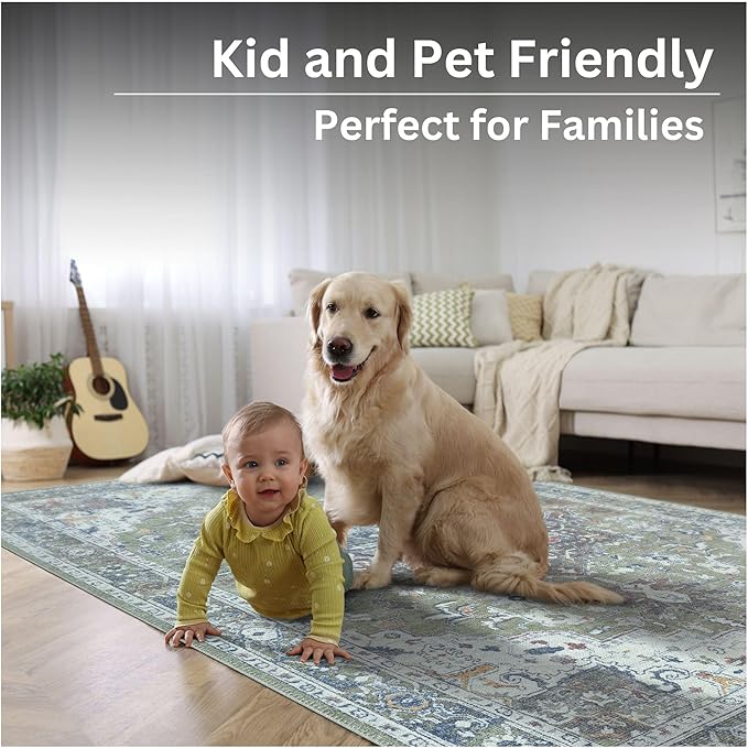 Bloom Rugs Washable Non-Slip 7 ft Runner - Green/Blue Traditional Medallion Runner for Entryway, Hallway, Bathroom, and Kitchen - Exact Size: 2.5' x 7'