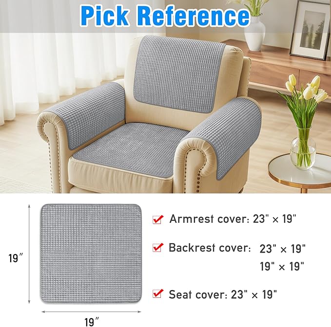Couch Arm Covers, Sofa Arm Covers, Waterproof Armrest Cover for Sofa, Armchair, Loveseat, Headrest Cover, Non-Slip Recliner Arm Cover, Arm Chair Covers Set of 2 (Gray, 19"×19")