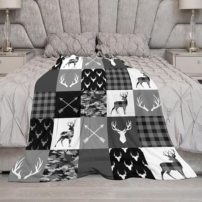 Rustic Cabin Throw Blanket, Farmhouse Grey Camouflage Deer Vintage Country Hunting Wildlife Blanket Throw for Bed Camping Travel Living Room Bedroom, 50"x60"