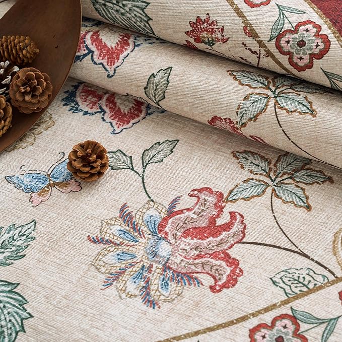 jinchan Elora 3x10 Floral Runner Rug for Hallway Washable Runner Vintage Romance Christmas Design Non Slip Thin Indoor Floor Cover Low-Profile Throw Carpet for Entryway Bathroom Bedroom, Red/Beige