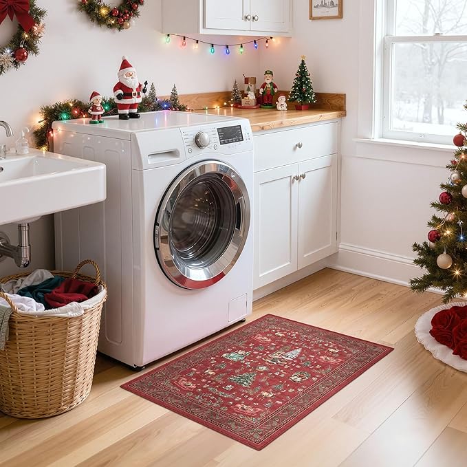 Christmas Living Room Area Rug 2x3 - Large Soft Washable Oriental Traditional Distressed Farmhouse Rugs for Bedroom - Indoor Floor Accent Carpet for Home Office House Decor - Red