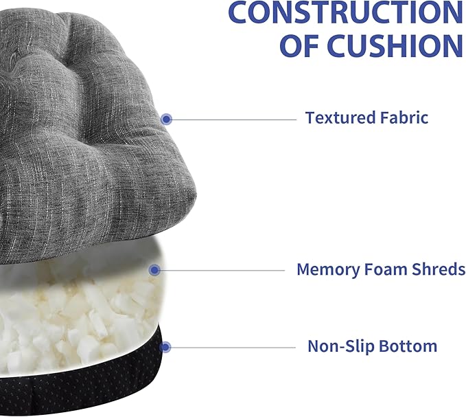 Chair Cushions for Dining Chairs Set of 6, Kitchen Chair Cushions, Chair Pads with Ties and Non Slip Backing, Tufted Memory Foam Seat Cushion 6 Pack, 15.5" x 15.5" x 4", Dark Gray