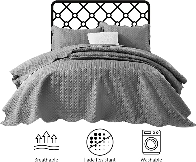 IR Imperial Rooms Queen Quilt Bedding Set Size (90" x 96") + 2 Pillow Shams (20" x 26"+ 2") - 3 Pcs All Season Lightweight Reversible Microfiber Coverlet Embossed Quilt Bedspread (Grey)