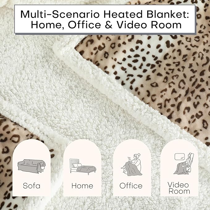 Electric Heated Blanket King Size 90"x100" - Dual-Sided with Flannel, 4 Heat Settings & 10 Hours Auto Off, Machine Washable - Beige Leopard Print