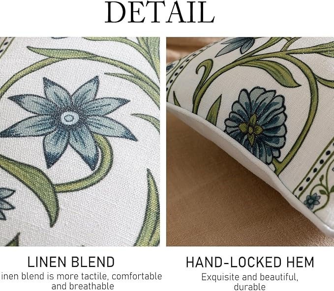 ISAENNE Design Fresh Linen Lumbar Throw Pillow Covers 12"x20", French White Cottage Cushion Covers with Green Branches Pattern Decoration Pillowcases for Bed,Living Room,Outdoor,Car