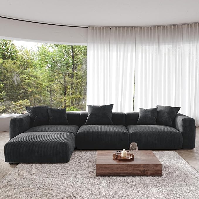 JACH Modern Corduroy Sectional Couch, Modular Sectional Sofa with Chaise Ottoman, Cushion Covers Removable, Oversized Deep Seat Soft Couches for Living Room, Office (Black)